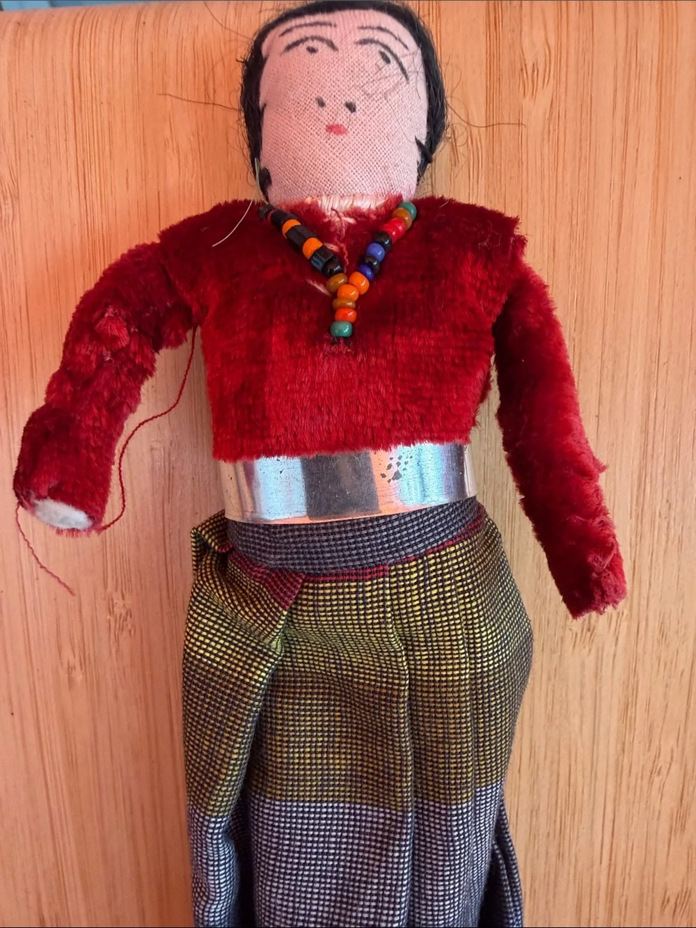 Handmade Red Fabric Doll with Bead Necklace